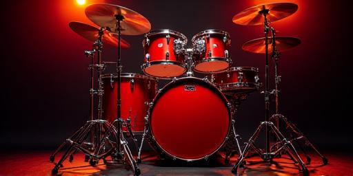 A full, shiny red drum kit on display.